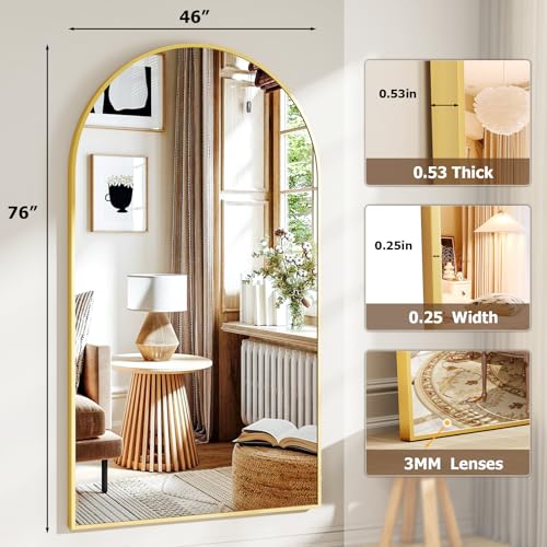 46"x76" Arched Full-Length Mirror, Oversized Floor Mirror with Stand, Freestanding or Wall-Mounted Full Body Mirror for Living Room, Bedroom, or Cloakroom, Gold