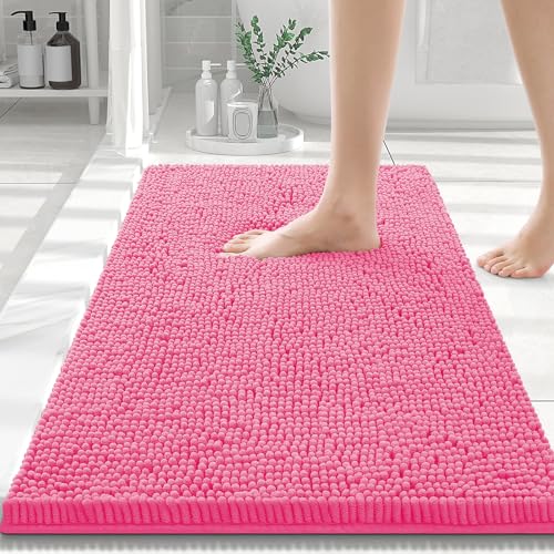 Smiry Luxury Chenille Bathroom Rugs 30x20, Extra Soft and Absorbent Shaggy Bath Mat, Machine Washable, Non-Slip Plush Carpet Runner for Tub, Shower, and Floor, Home Decor Accessories, Hot Pink