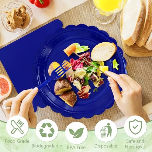 Image of 100 Royal Blue Paper Plates and Napkins Disposable for Party, 25-9 inch&25-7 inch