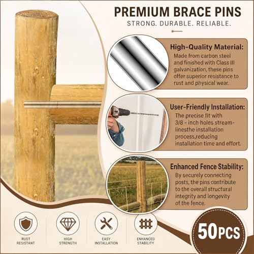 Image of MorningRo 50 Pcs 12'' X 3 /8 Inch Galvanized Brace Pin for H Fence | Shelf Brackets Pegs, Rust Resistant, Plated Fence Post Bracing Tool, for Homeowners Farmers Contractors Building Farm