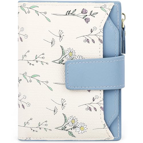 Cute Blue Flower Wallet for Women Small Kawaii Coin Purse with ID Window Lightweight and Stylish Design Compact Cash Wallet for Ladies