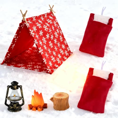 6 Stück Miniatur Camping Set, Miniatur Zubehör Camping Set, Mini Baumstumpf, Weihnachten Miniatur Zelt, Brennholzhaufen, Öllampe, Schlafsack, Kissen, Wichtel Zubehör Weihnachten