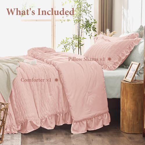 Image of JOLLYVOGUE Twin Size Comforter Set, 2 Pieces Rose Gold Seersucker Lightweight Fluffy Bedding Set, Twin Ruffle Comforter, All Season Soft Microfiber Shabby Chic Bed Set