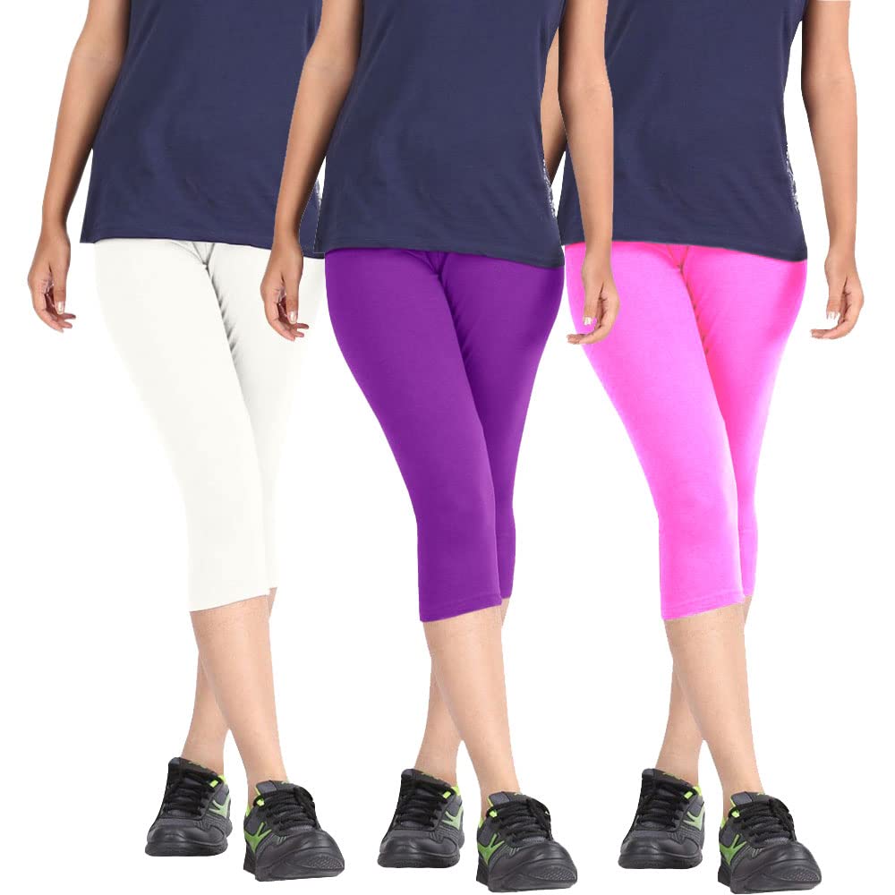 Biowashed Cotton Stretchable Capri Legging Combo Pack of 3 for Women/Girls/Ladies (White, Purple and Baby Pink) - Free Size-picture-56
