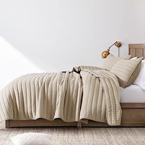 Oversized California Cal King Size Quilt Bedding Sets with Pillow Shams, Beige Lightweight Bedspread Coverlet, Quilted Blanket Thin Comforter Bed Cover for All Season, 3 Pieces, 118x106 inches