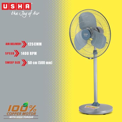Image of USHA Farrata PX 500mm High Speed Pedestal Fan | 100% Copper Motor with High Torque | 160W | 100 m /min Air Delivery | Heavy Duty Aerodynamic Metal Blades | ISI Certified | Grey