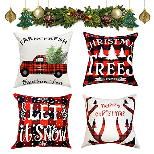 Fibrdoo 4 Stück Kissenbezug Weihnachten 45x45cm, Wohnkultur Leinen Kissenbezug, Kissenbezüge mit Weihnachtsmotiv, für Zuhause, Sofa, Urlaub, Schlafzimmer Dekoration, Weihnachtsdeko Cover