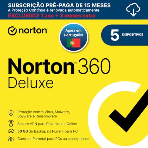 Norton 360 Deluxe 2024 - Software Antivírus Para 5 Dispositivos E 15 Meses De Subscrição Com Renovação Automática,Controlo Parental E Vpn S Norton 360 Deluxe 2024 - Software Antivírus Para 5 Dispositivos E 15 Meses De Subscrição Com Renovação Automática,Controlo Parental E Vpn S