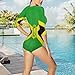 Pugasmiru Jamaica Flag Lion Pattern Deep V Zipper Bathing Suit Women Sexy One Piece Swimsuit Cut Out V Neck High Cut Half Sleeve Fashion Swimwear for Vacation Party