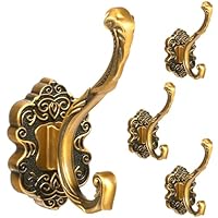 BOHUIZ 4 Pcs Antique Brass Coat Hooks, Vintage Heavy Duty Wall Hooks Bathroom Decorative Hooks Wall Mounted with Screws for Towel Curtain Clothes Keys Bags Purse Hats
