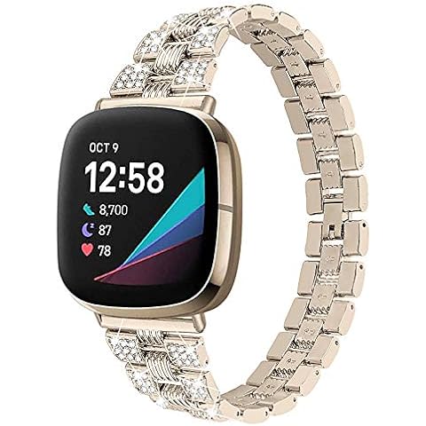 SPGUARD Straps Compatible with Fit bit Versa 3/Fit bit Versa 4/Fit bit Sense 2/Fit bit Sense Strap, Women Men Diamond Bling Crystal Metal Replacement Strap Jewelry Bracelet (Champagne Gold) Cover