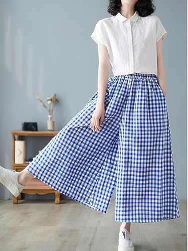 ebossy Women's Cotton Linen Plaid Pants Elastic High Waist Wide Leg Palazzo Capris Gingham Pants4