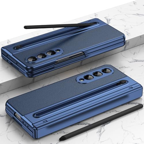 per Custodia Galaxy Z Fold4 Samsung con Protezione Cerniera + Pellicola Protettiva per Schermo per Telefono Z con Supporto per S Pen-Blu pelle