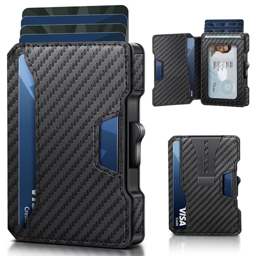 Wallet for Men, RFID Blocking Slim Mens Wallet with Money Clip, Minimalist Pop Up Card Case, ID Window, 9-11Cards Capacity, Bifold Leather Front Pocket Wallet with Gift Box (Black-Carbon Fiber)