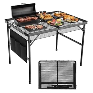 3×2 FT Folding Grill Table, Portable Camping Table for Outside, Adjustable Height Folding Table with Desktop & Mesh Bag, Lightweight Outdoor Table for Camping, Picnic, BBQ