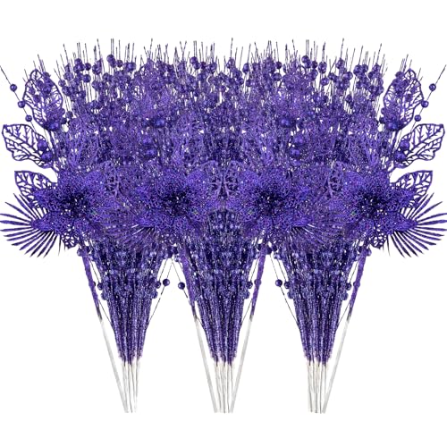 CristBest 24 Pack Christmas Tree Ornaments - Artificial Flowers Glitter Berry Stems Christmas Floral Picks Branches for Xmas Tree Decorations Vase Filler Holiday Wedding Party Home Decor (Purple) - image 1
