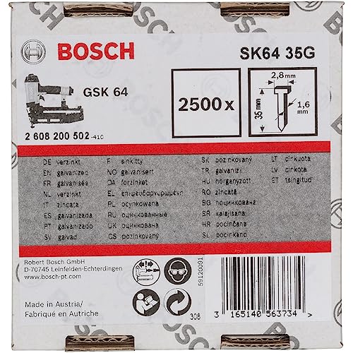 Bosch Professional 2500x Senkkopf-Stift SK64 25G (1.6/16 g, 2.8x1.45x35 mm, Verzinkt, Zubehör für Nagelpistolen, Druckluftnagler)