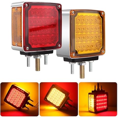 Double Face LED Turn Signal Lights, Square Dual Face Led Trailer Truck fender Pedestal Stop Turn Tail Brake lights Post Mount Replacement Red/Amber 52LED for Kenworth/Peterbilt/Freightliner 10V-30V Cover