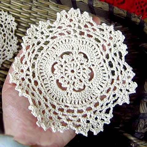 Elesa Miracle 5 Inch 6pc Handmade Small Round Crochet Cotton Lace Table Placemats Doilies for Cup/Glass Value Pack, Snowflake, Beige (5 Inch Beige) Cover