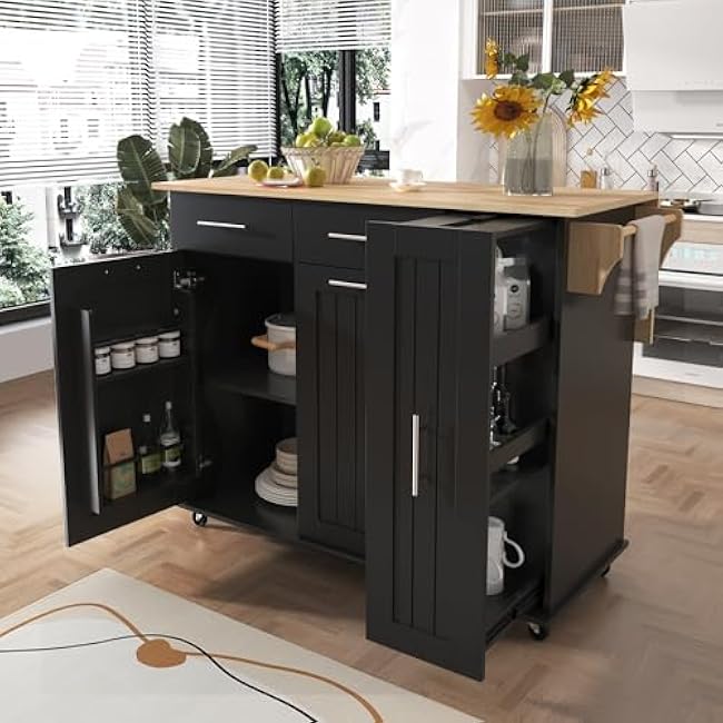 Versatile Kitchen Island with Drop Leaf for Enhanced Space Management, Mobile Storage Cart with Pull-Out Organizer, Two Drawers and Towel Rack, Black-sHSfzvY7