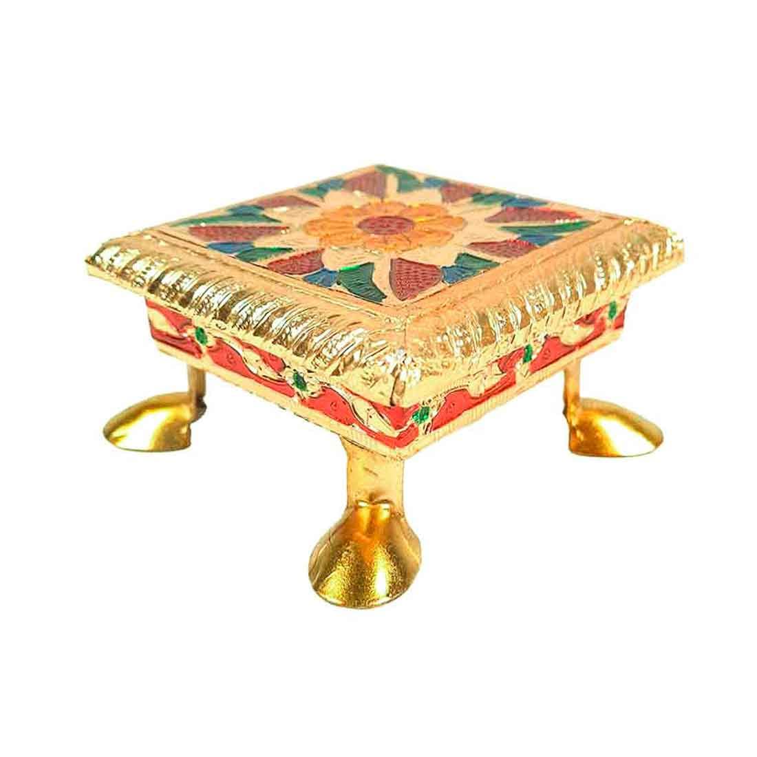 Apka Mart The Online Shop Wooden Minakari Chowki Bajot | Wooden Patla - 4 Inch (Golden) - Religious Meenakari Choki for Festivals, Puja, Home Decor and Gifts