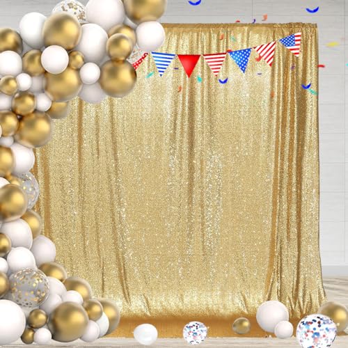 Image of PartyDelight Gold Sequin Backdrop 6x8ft Sparkly Photo Curtain | 4 Inch Rod Pocket and stitched 3mm sequins create a reflective event wall for weddings and anniversary celebrations
