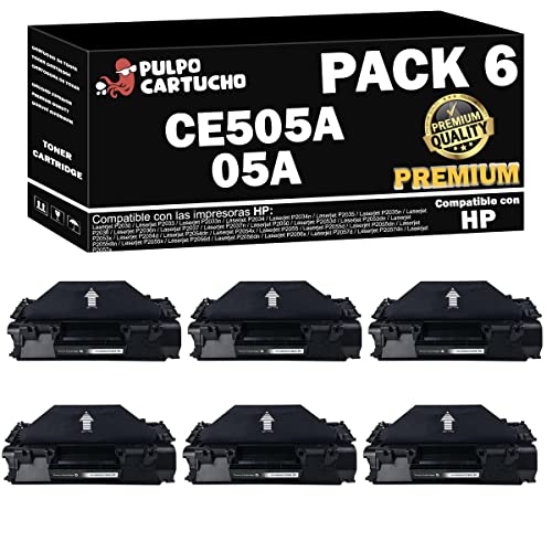 Pulpo Cartucho   Toner CE505A Premium Negro Compatible con HP CE505A / Ref. 05A   Pack 6   Valido para Impresoras Laserjet P2030,P2033,P2034,P2035,P2036,P2037,P2050,P2053,P2054,P2055,P2056,P2057