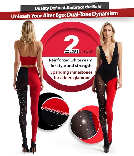 Image of Dual-Tone Semi-Opaque Tights: Black and Red High-Waisted Pantyhose with Sparkling Rhinestones Along Black Side - Size S-L, Glamorous Rhinestone Tights