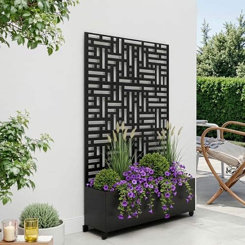 casa.pro Blumenkasten mit Sichtschutz Bernalda Rankgitter Metall Balkon Pflanzkübel hoch 186 x 120 x 40 cm Trennwand mit Rollen Schwarz