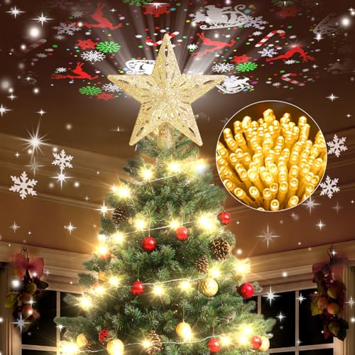 Kesfitt Christmas Tree Topper with 10M Warm Light Cord, Tree Top Star Decoration with 6 Projection Modes, Gold Tree Topper Lighted 3D Glitter Dynamic Projection for Xmas Party Holiday
