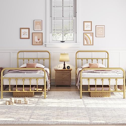 Yaheetech 2Pcs Twin Size Metal Platform Bed Frame with Victorian Style Iron-Art Headboard/Footboard/Under Bed Storage/No Box Spring Needed Antique Gold