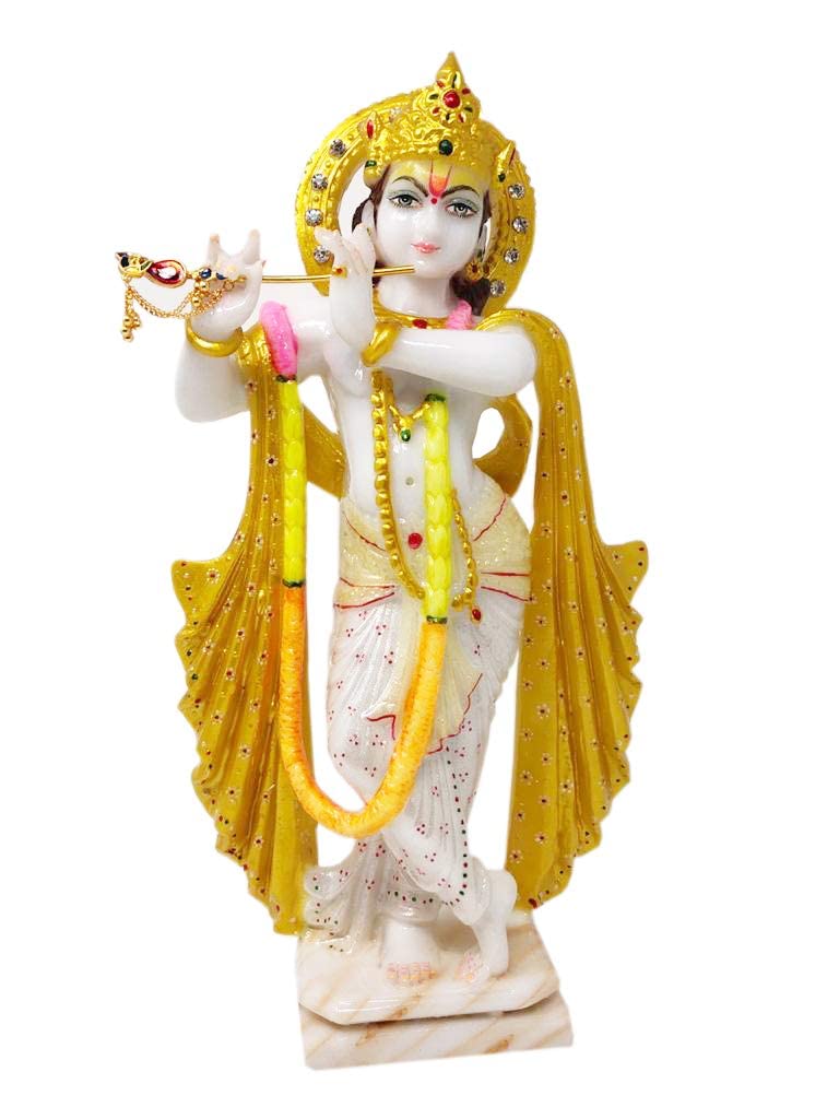 GLOOKSGLOOKS Krishna Marble Dust Gold Idol/ Lord Kriahna Statue (Multicolour)-14 Inch