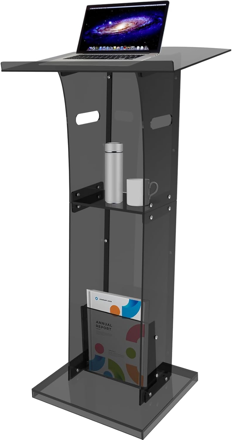 Acrylic Podium Stand with Storage Shelf, Segmented Black Lecterns & Podiums, Pulpits for Churches?Conference?Speeches?Weddings?Classroom?Concert, Professional Presentation Podiums Black 23.6\\\" L X 17.7\\\" W X 43\\\" H-JDK