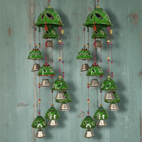 Image of Bindian Rajasthani Handcrafted 8-Bell Hanging Windchimes | Traditional Plastic Latkan for Home Decor, Vastu & Positive Energy | Elegant Wall Hanging for Balcony, Living Room (Green-2)