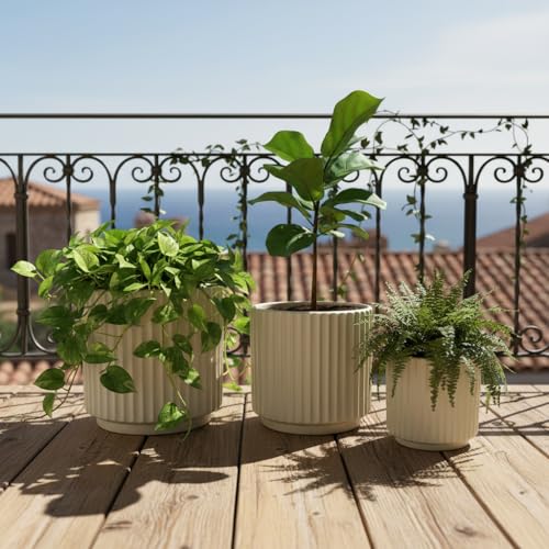 Image of Xtore Atelier Ceramic Ribbed Planter Set | Minimal Vertical Groove Plant Pots for Home, Office & Living Room Decor - (Set of 3, Beige,Planter ONLY)