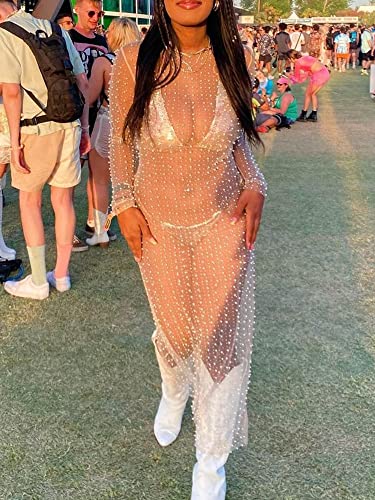 Women's Sexy Sheer Mesh Pearl Rhinestone Cover Up Dress Summer Beach Swimwear Bikini Bathing Suit Coverups2
