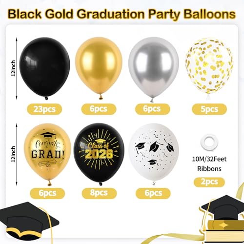 Image of Black and Gold Graduation Balloons, 60PCS Congrats GRAD Cap Printed Balloon, 12 Inch Metallic Silver Gold Confetti Latex Party Balloons Helium for Class of 2026 Graduation Ceremony Party Decorations
