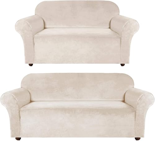 Turquoize Paquete de funda de terciopelo para sofá de dos plazas de alta elastano, fundas de descanso, fundas de sofá, color marfil