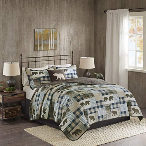 Osvt 4 Piece Oversized Brown Blue White King/Cal King Quilt Set, Patchwork Pattern Bedding Tartan Plaid Themed Checkered Bear Mountain Winter Cozy Stylish Cabin Lodge Cottage Trendy Animal, Polyester #TOP1