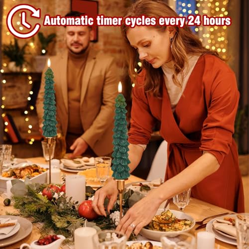 Image of Christmas Tree Candles with Remote Timer, 4 Pcs Waxy Flameless Taper Candles Flickering, Battery Operated LED Candlesticks with 3D Flame Wick, Green Window Candle for Christmas Decorations