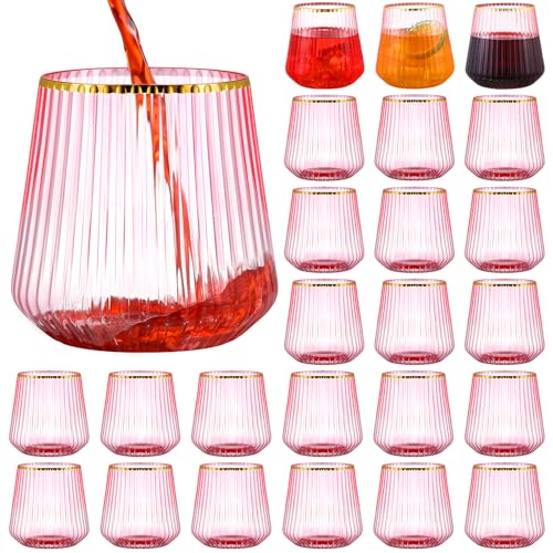 Singhoow 24 Pcs Wedding Pink Plastic Ribbed Wine Glasses, 12 oz, Gold rim