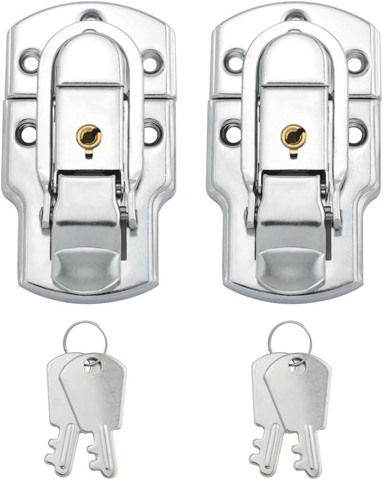 JianLing 2PCS Flip Top Duckbill Buckle Iron Luggage Lock with Key and Screws Chrome Finish Large Brass Core Tool Lock M4x12 for Portable Toolboxes Silver