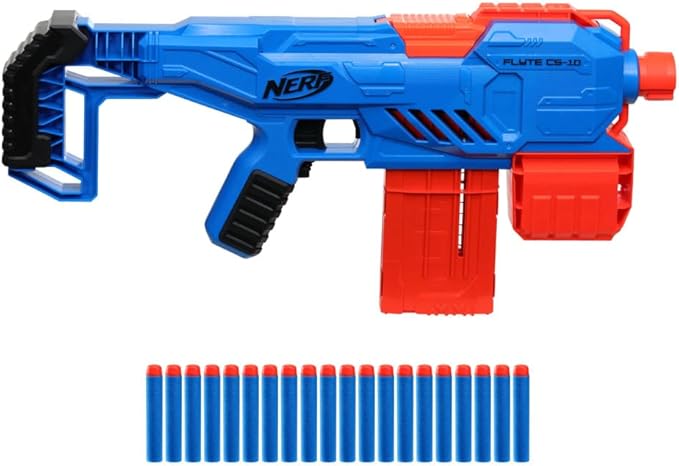 Nerf Alpha Strike Flyte CS-10 Motorised Blaster – 10-Dart Clip-Fed Blasting – 20 Official Nerf Elite Darts – for Kids, Teens, Adults, Multicolor (E8696)