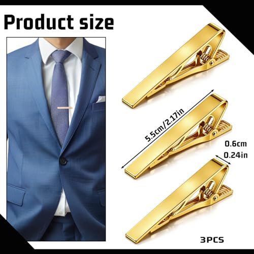 TIESOME 3 Pack Tie Clips for Men, Necktie Tie Bar Pinch Clips for Men Accessories Tie Pins Ideal for Wedding Anniversary Party Business Father's Day Gifts(Gold)