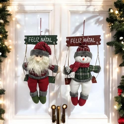 Enfeite de Natal para Porta com Placa Feliz Natal Papai Noel ou Boneco de Neve Sentado no Balanço 43