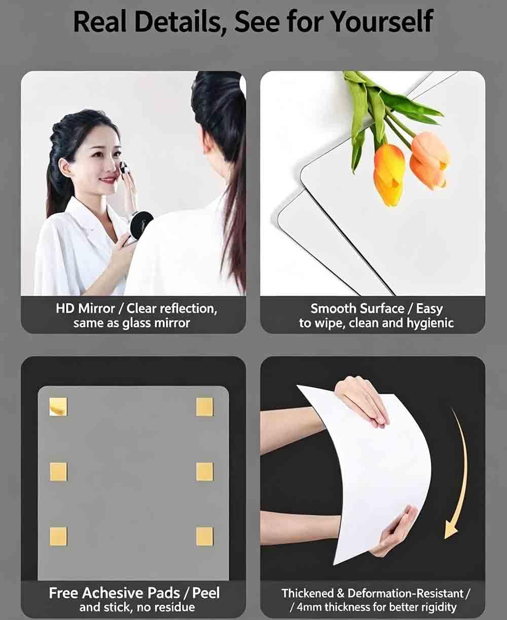 Acrylic Flexible Mirror Sheets,Self-Adhesive Mirror Tiles (9 Pieces,12x12 inch)