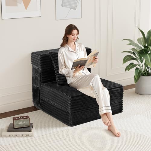 Folding Sofa Bed Single - 4 in 1 Convertible Foldable Sleeper Chair with Pillow, Fold Out Couch, High-Density Foam Floor Mattres, Space-Saving Futon for Living Dorm Guest Room and Office, Black