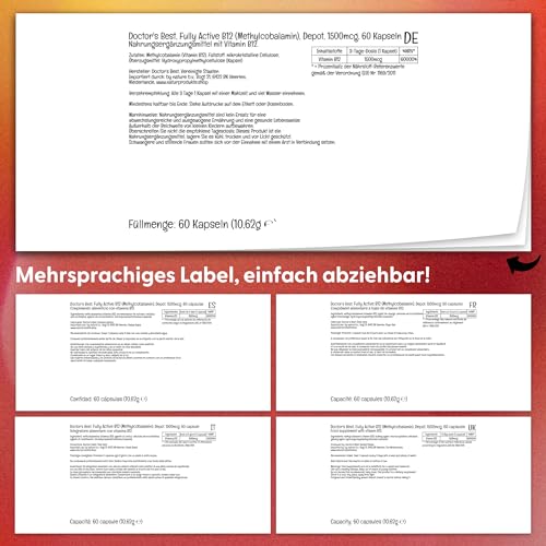 Doctor's Best, Fully Active B12, 1.500mcg, 3-Tages-Depot, 60 vegane Kapseln, Laborgeprüft, Vitamin B12, Glutenfrei, Sojafrei, Vegetarisch