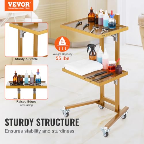 Image of VEVOR Multifunctional 2 Tiers Foldable Medical Trolley Carton Wheels, Gold 2-Level Mobile Storage Tray Cart, Stainless Steel Rolling Lab Cart for Dental Tools, Cavitation Machine, Salon, Lab, Clinic