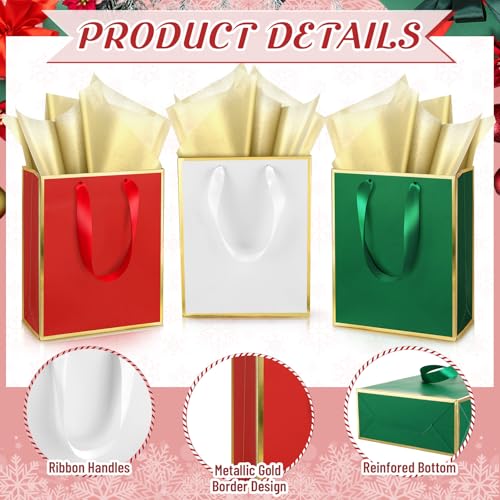 Image of Yeaqee 24 Pack Metallic Paper Gift Bags, Red, Green, White